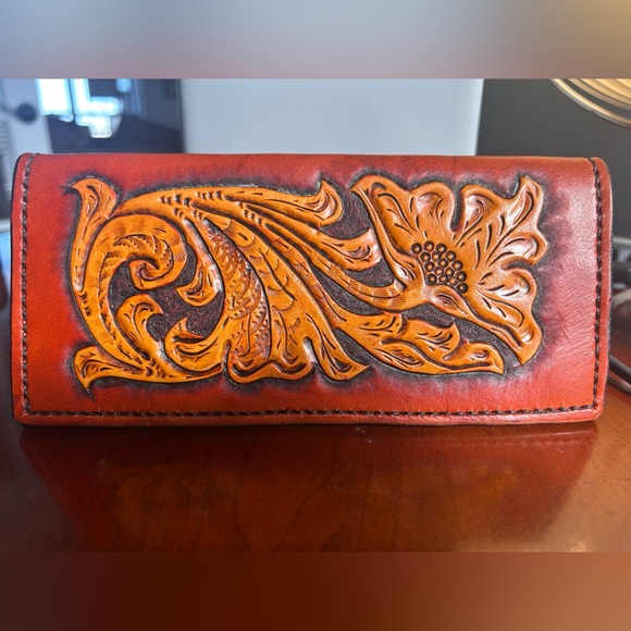 Vintage Tooled Leather Checkbook Cover, Western Check Book Cover Wallet - Picture 2 of 4